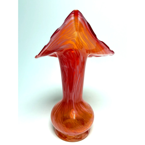 Mouth Blown 7.25" Red & White Swirl Jack In The Pulpit Art Glass Vase Handmade - Picture 3 of 5